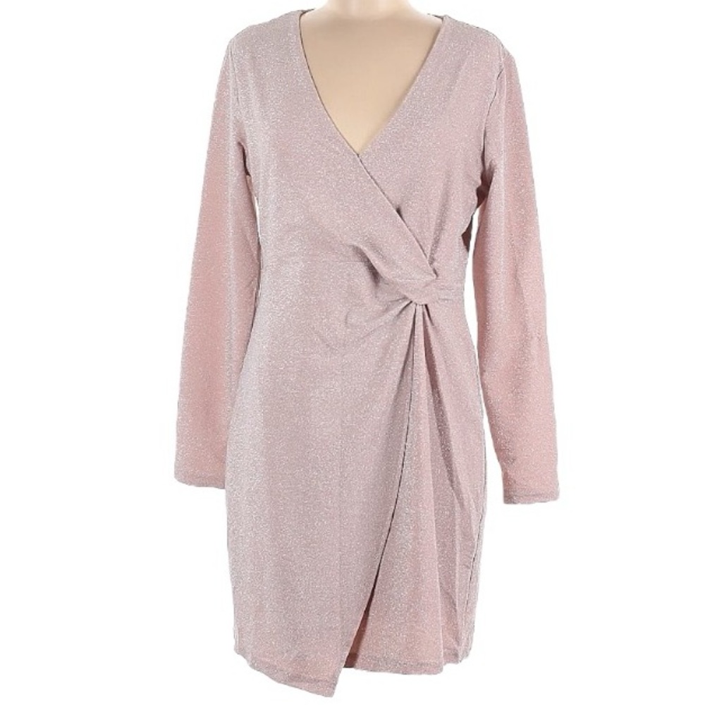 Metallic Sparkle Wrap Dress Vneck Plunge Sleeve Rose Pink Silver Size Medium